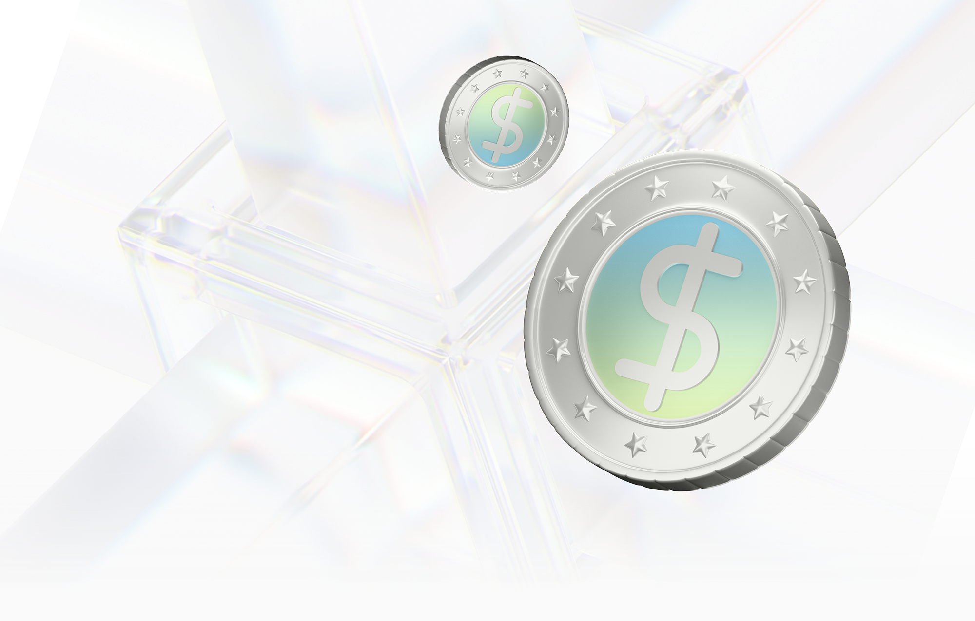 Single dollar coin positioned on top of a clear glass cube, symbolizing wealth and transparency.