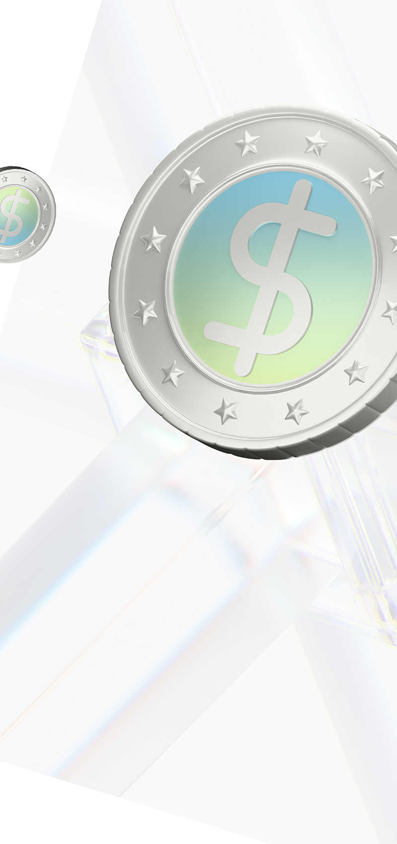 Single dollar coin positioned on top of a clear glass cube, symbolizing wealth and transparency.